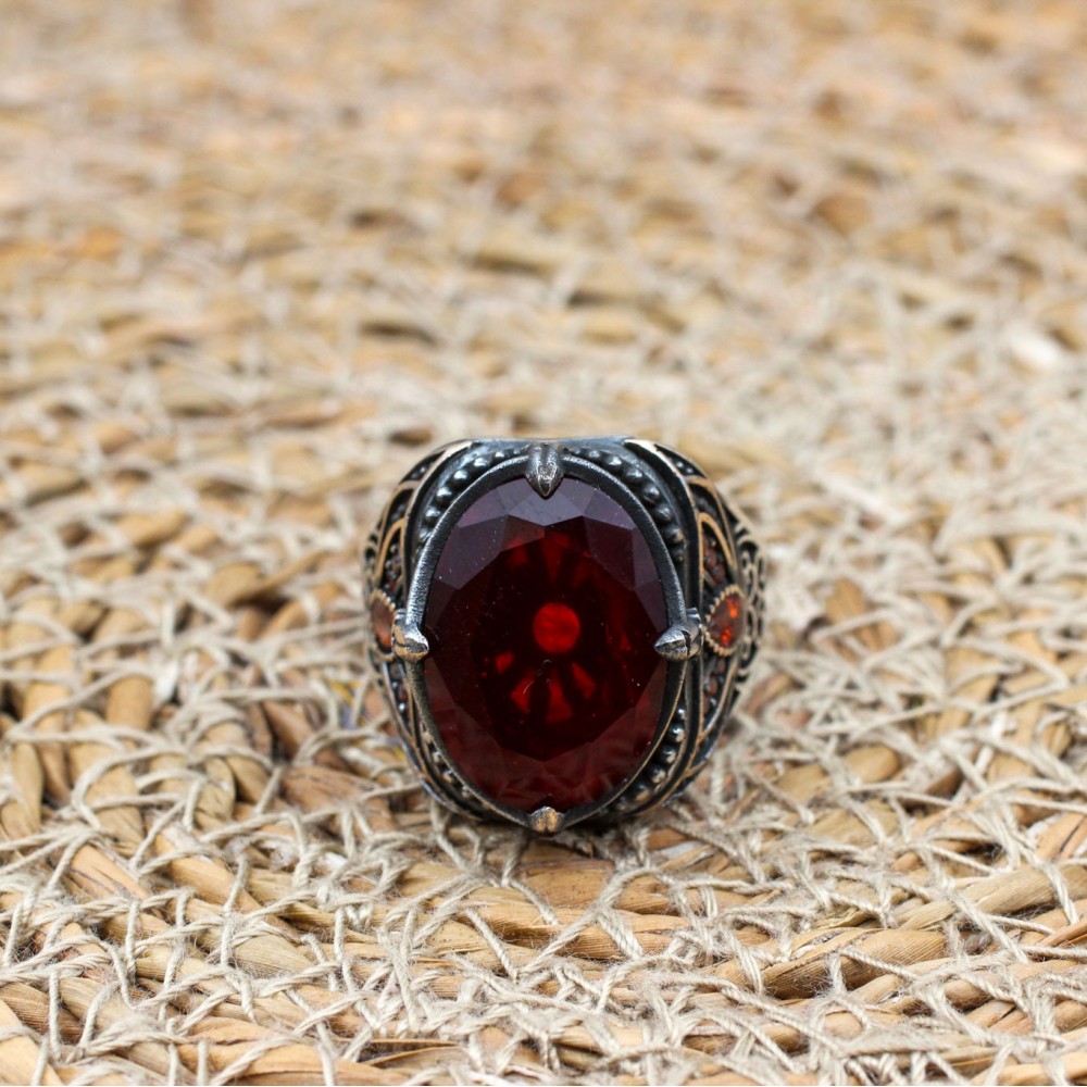 Mens Handmade Ring, Turkish Handmade Silver Men Ring, Ottoman Men Ring, Ruby Ring, Men's Jewelry, Gift for Him, 925k Sterling Silver Ring