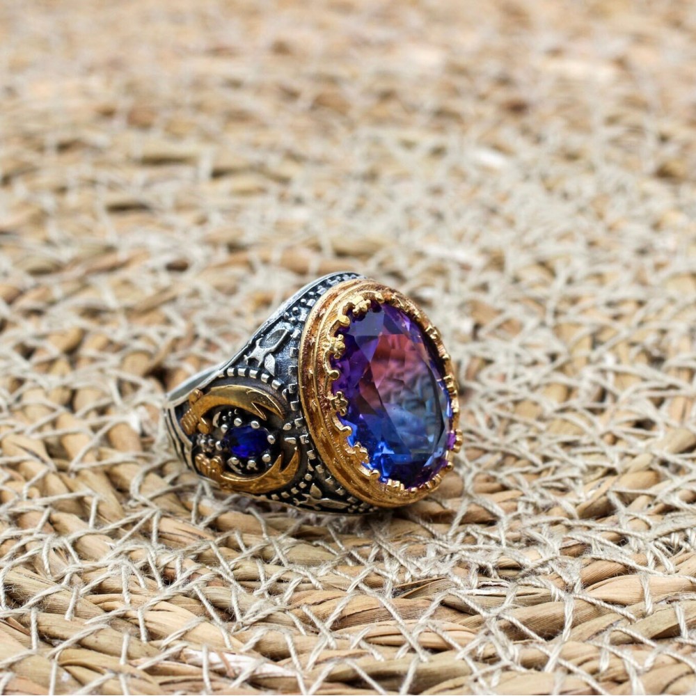 Men's Handmade Ring, Turkish Handmade Men's Ring, Ottoman Men's Ring, Tourmaline Men's Ring, Mens Ring, Gift for Him, 925k Sterling Silver
