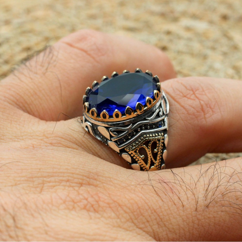 Turkish Handmade Silver Men Ring, Mens Handmade Ring, Ottoman Ring, Sapphire Ring, Men's Jewelry, Gift for Him, 925k Sterling Silver Ring