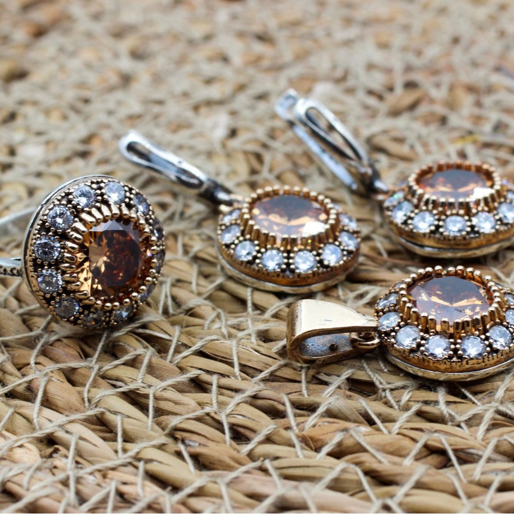 Topaz Ladies Set, Handmade Set Women, Turkish Handmade, Ladies Jewelry Set, Ottoman Set, Earring, Pendant, Ladies Set, 925 Sterling Silver