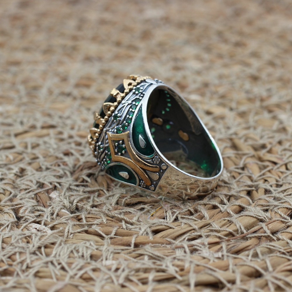 Emerald Men's Ring, Ottoman Men's Ring, Handmade Men's Ring, Turkish Handmade Men's Ring, Men's Jewelry, Gift for Him, 925 Sterling Silver