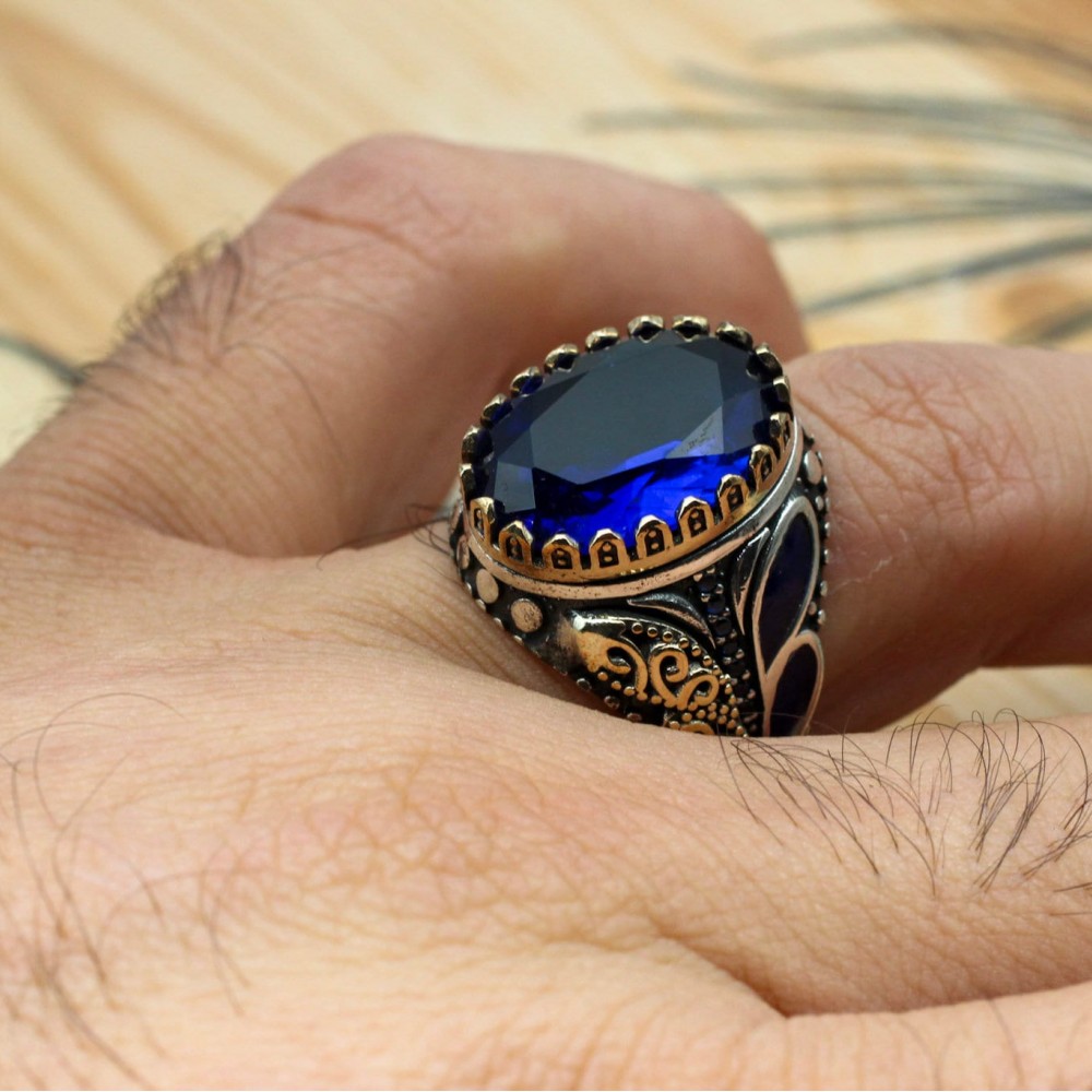 Sapphire Men Ring, Turkish Handmade Silver Men Ring, Mens Handmade Ring, Ottoman Ring, Men Jewelry, Gift for Him, 925k Sterling Silver Ring