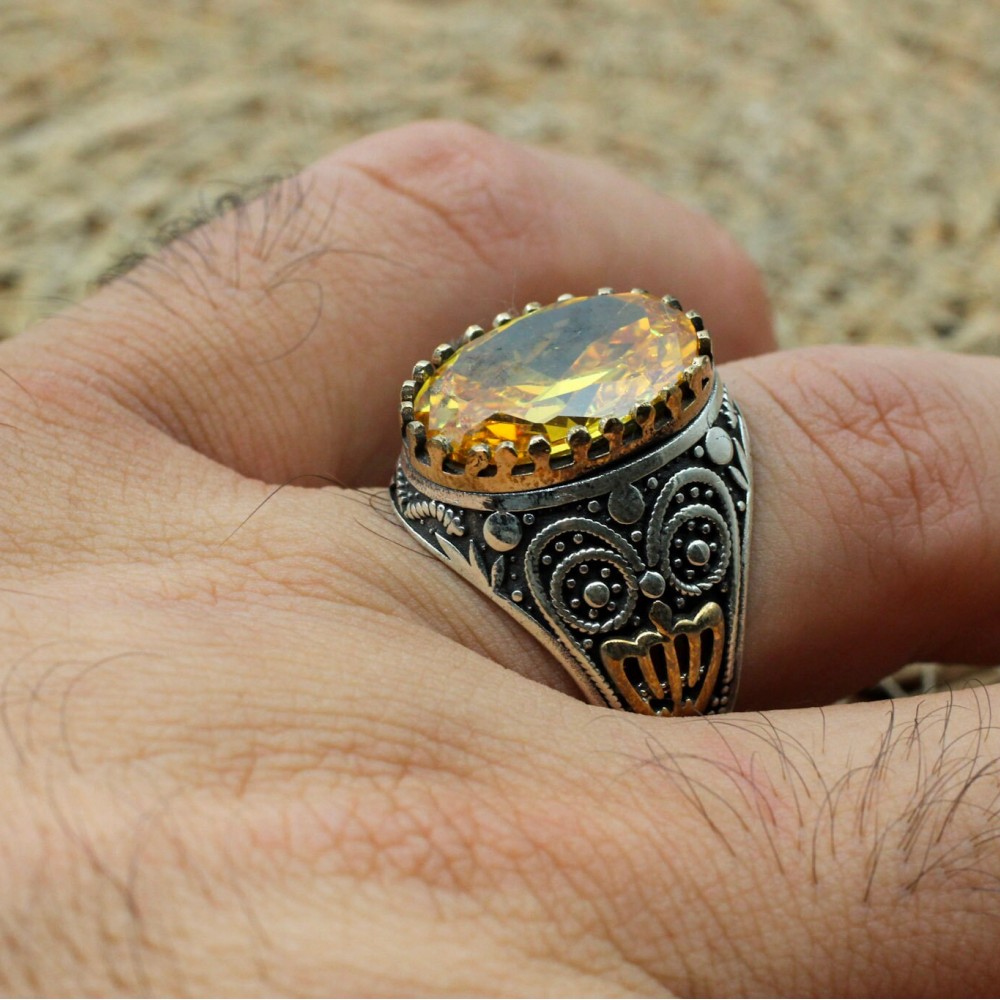 Citrine Men's Ring, Handmade Men's Ring, Turkish Handmade Ring, Ottoman Men's Ring, Men's Jewelry, Gift for Him, 925k Sterling Silver Ring