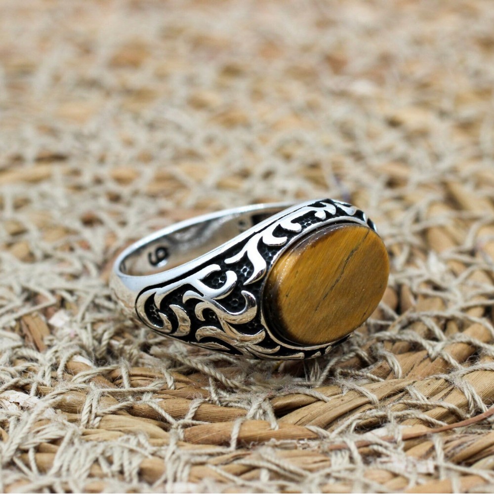 Tiger Eye Men's Ring, Ottoman Men's Ring, Handmade Men's Ring, Turkish Handmade Men's Ring, Men's Jewelry, Gift for Him, 925 Sterling Silver
