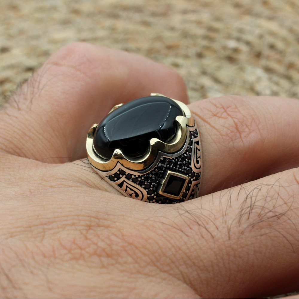 Men's Handmade Ring, Turkish Handmade Silver Men's Ring, Ottoman Men Ring, Onyx Ring, Men's Jewelry, Gift for Him, 925k Sterling Silver Ring