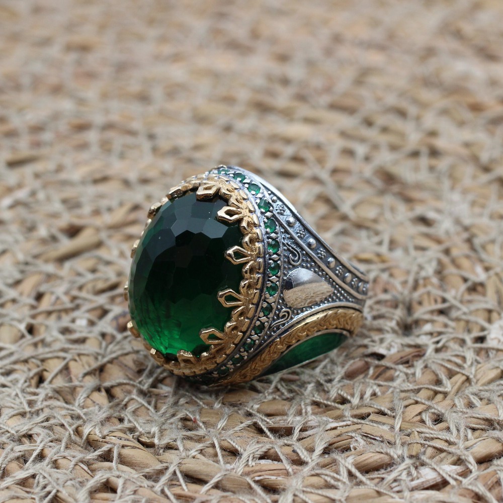 Emerald Men's Ring, Ottoman Men's Ring, Handmade Men's Ring, Turkish Handmade Men's Ring, Men's Jewelry, Gift for Him, 925 Sterling Silver