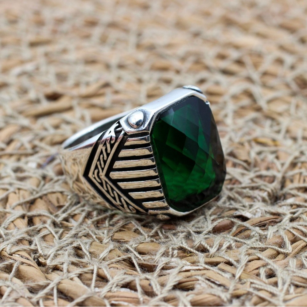 Emerald Men's Ring, Ottoman Men's Ring, Handmade Men's Ring, Turkish Handmade Men's Ring, Men's Jewelry, Gift for Him, 925 Sterling Silver