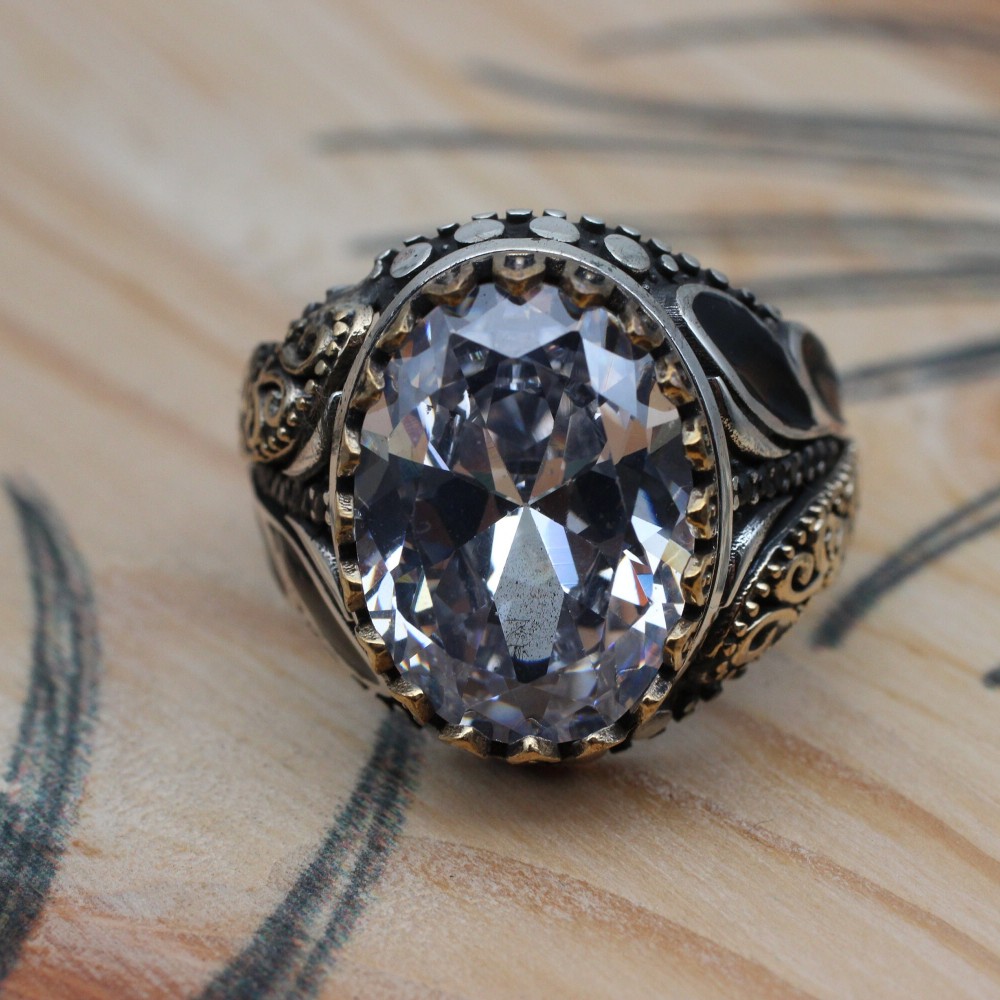 Mens Handmade Ring, Turkish Handmade Silver Men Ring, Ottoman Men Ring, Zircon Ring, Men's Jewelry, Gift for Him, 925k Sterling Silver Ring