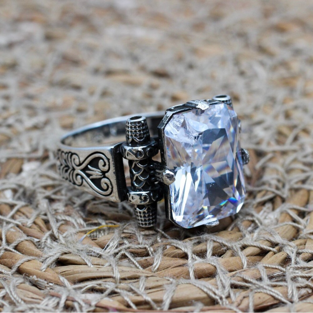 Handmade Mens Ring, Turkish Handmade Men Ring, Ottoman Men Ring, Zircon Ring, Men Jewelry, Gift for Him, 925k Sterling Silver, Detailed Ring