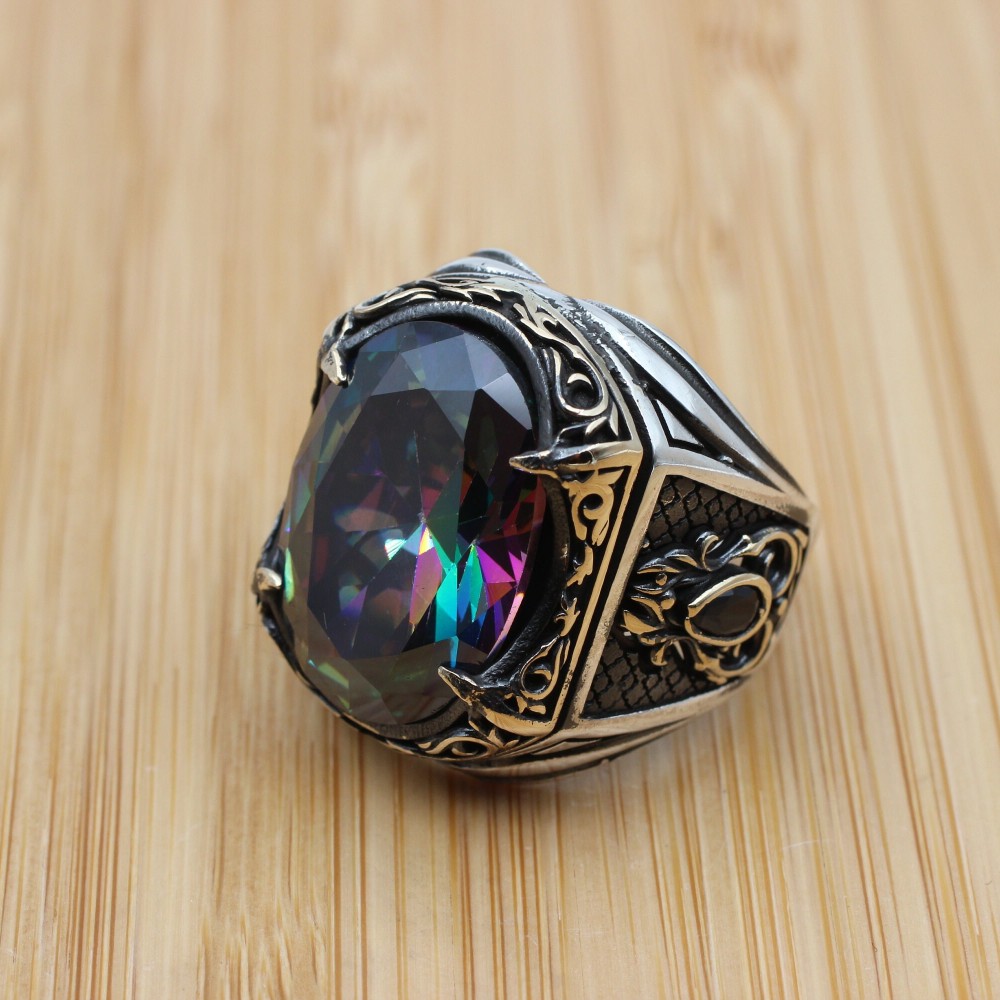 Mystic Topaz Ring, Handmade Ring, Turkish Handmade Silver Men Ring, Mystic Topaz Ring, Men's Jewelry, Gift for Him, 925k Sterling Silver Mystic Topaz Ring, Handmade Ring, Turkish Handmade Silver Men Ring, Mystic Topaz Ring, Men's Jewelry, Gift for Him, 925k Sterling Silver