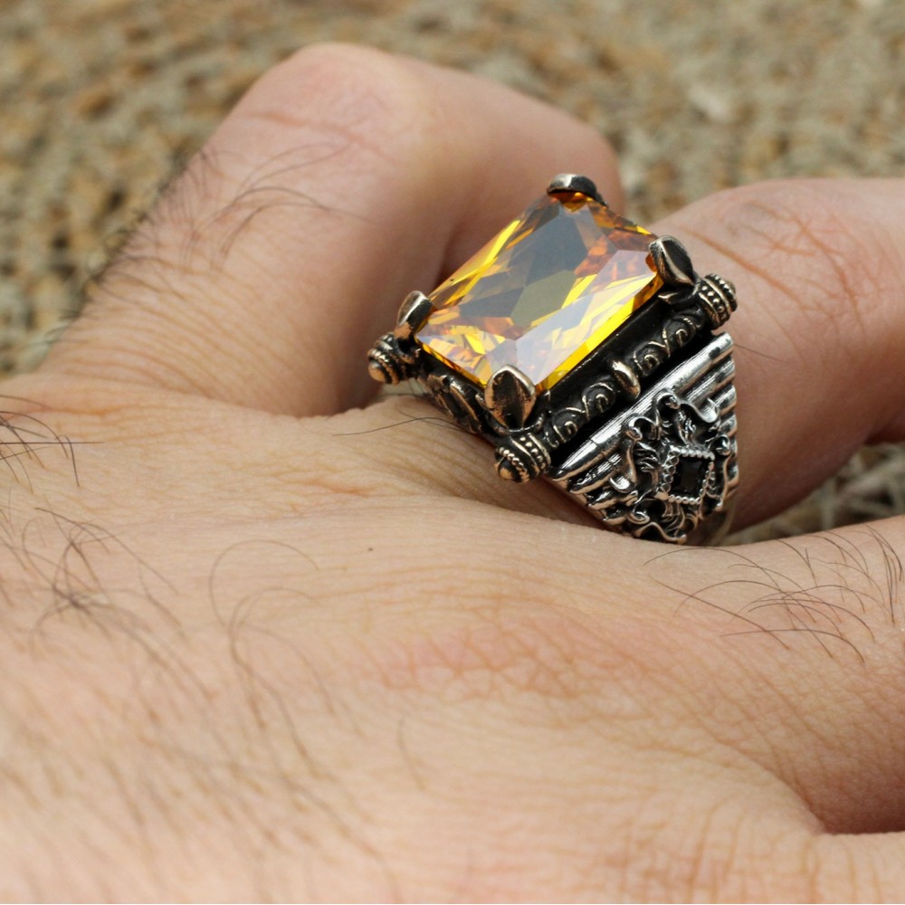 Citrine Men's Ring, Handmade Men's Ring, Ottoman Men's Ring, Square Stone, Men's Jewelry, Gift for Him, 925k Sterling Silver, Detailed Ring