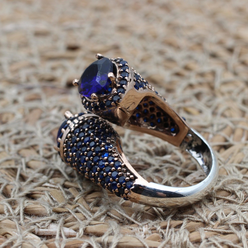 Sapphire Adjustable Ring, Handmade Womens Ring, Authentic Ring, Turkish Handmade Ring, Ottoman Women Ring, Ladies Ring, 925k Sterling Silver