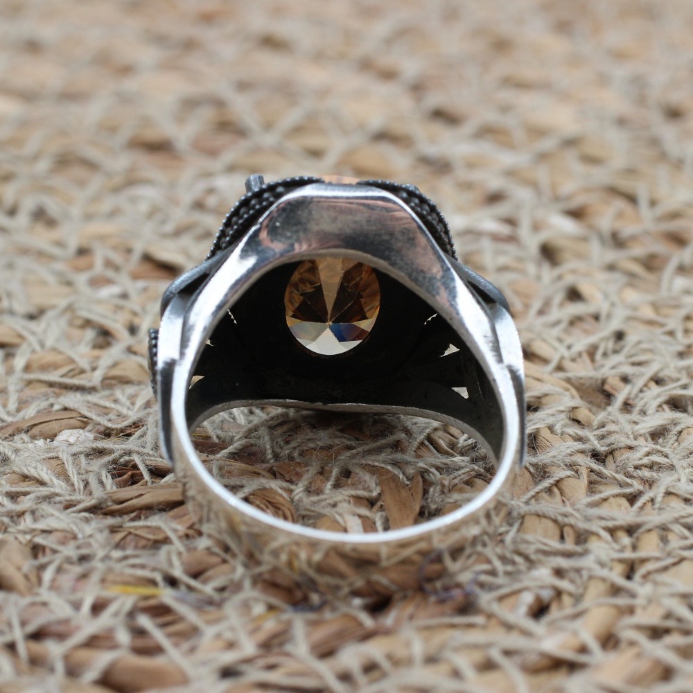 Handmade Men's Ring, Topaz Men's Ring, Men's Ring, Turkish Handmade Silver Men's Ring, Ottoman Mens Ring, Gift for Him, 925k Sterling Silver