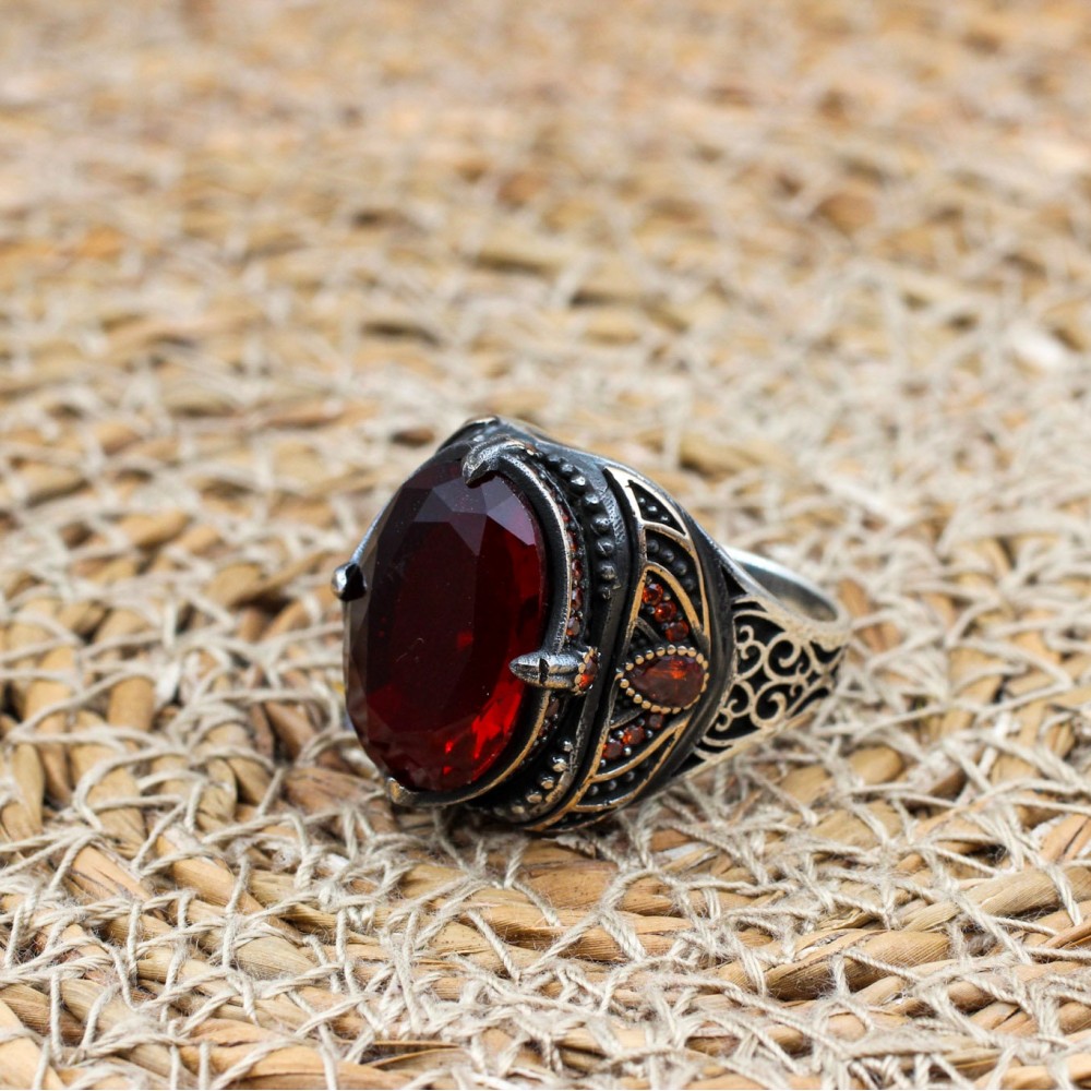 Mens Handmade Ring, Turkish Handmade Silver Men Ring, Ottoman Men Ring, Ruby Ring, Men's Jewelry, Gift for Him, 925k Sterling Silver Ring
