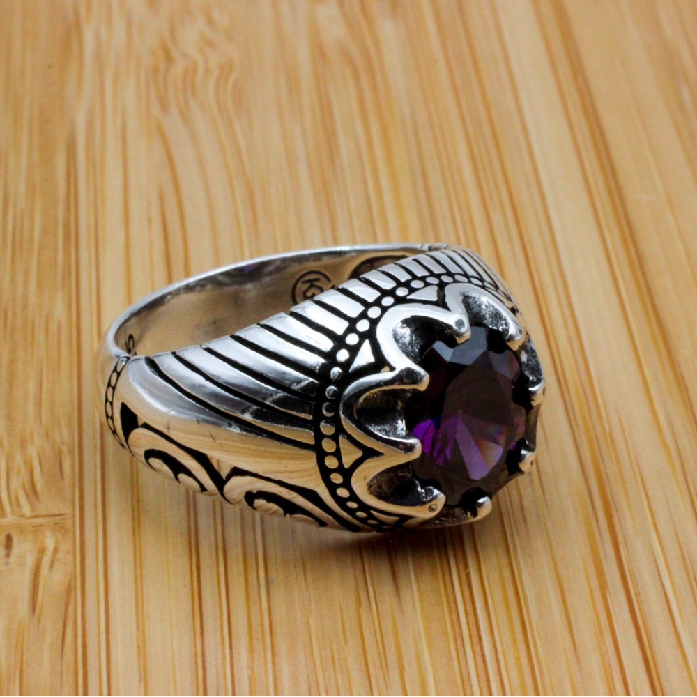 Men's Handmade Ring, Turkish Handmade Ring, Cubic Zircon, Ottoman Men Ring, Amethyst Ring, Men's Jewelry, Gift for Him, 925k Sterling Silver