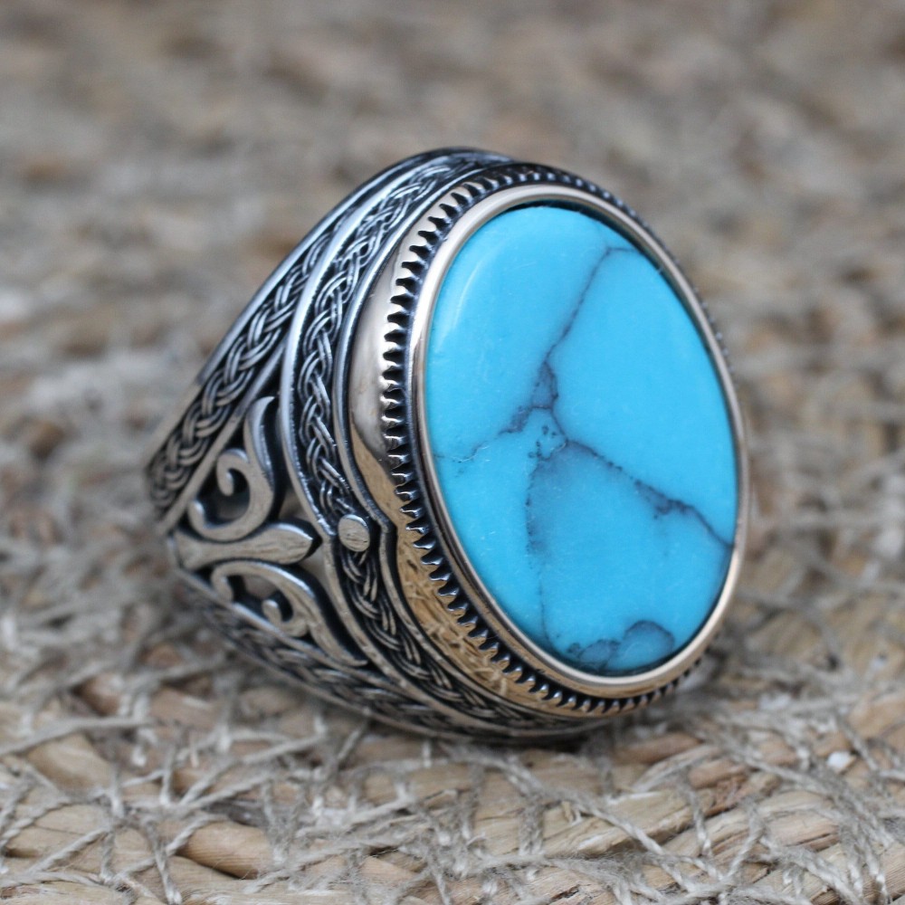 Turquoise Men's Ring, Handmade Ring, Turkish Handmade Silver Men Ring, Ottoman Ring, Men's Jewelry, Gift for Him, 925k Sterling Silver Ring