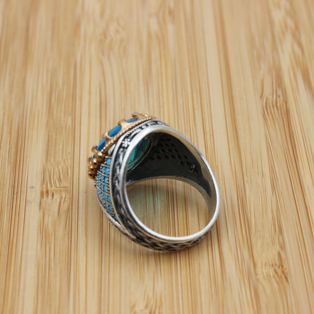 Mens Handmade Ring, Turkish Handmade Silver Men Ring, Ottoman Ring, Aquamarine Ring, Men's Jewelry, Gift for Him, 925k Sterling Silver Ring