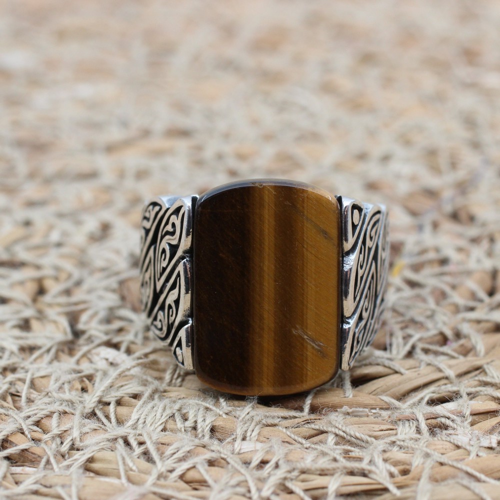 Tiger Eye Men's Ring, Ottoman Men's Ring, Handmade Men's Ring, Turkish Handmade Men's Ring, Men's Jewelry, Gift for Him, 925 Sterling Silver