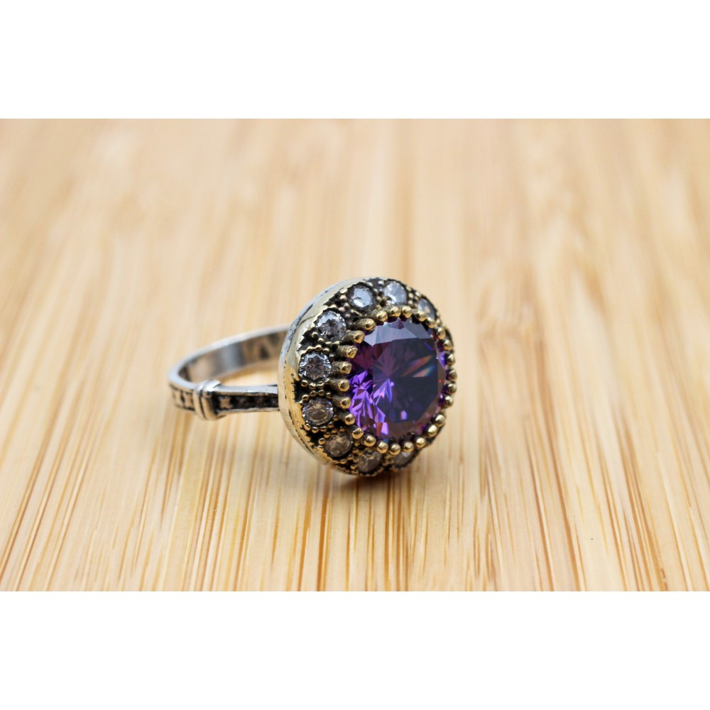 Amethyst Ring, Handmade Women Ring, Turkish Handmade Silver Ladies Ring, Ottoman Ring, Ladies Ring, 925k Sterling Silver, Zircon Ring