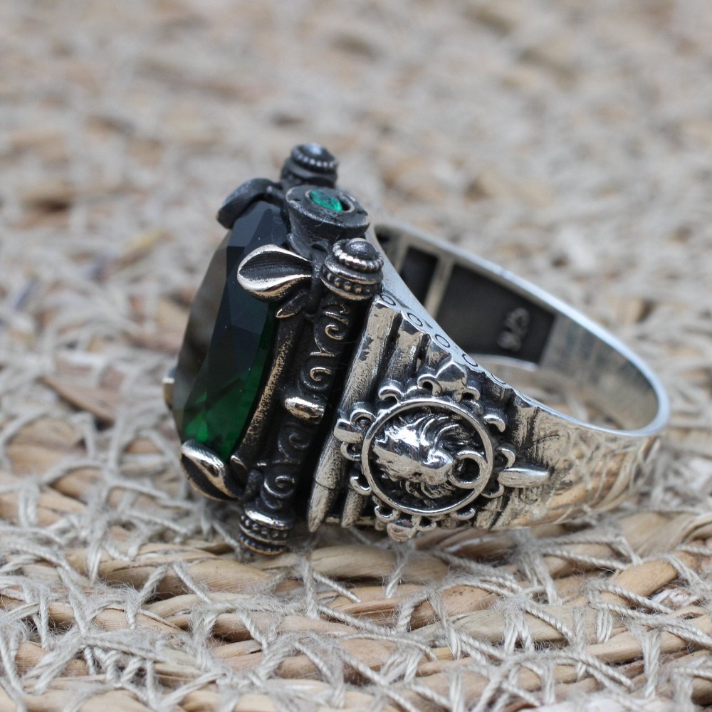 Emerald Men's Ring, Ottoman Men's Ring, Handmade Men's Ring, Turkish Mens Ring, Oval Stone, Mens Jewelry, Gift for Him, 925k Sterling Silver