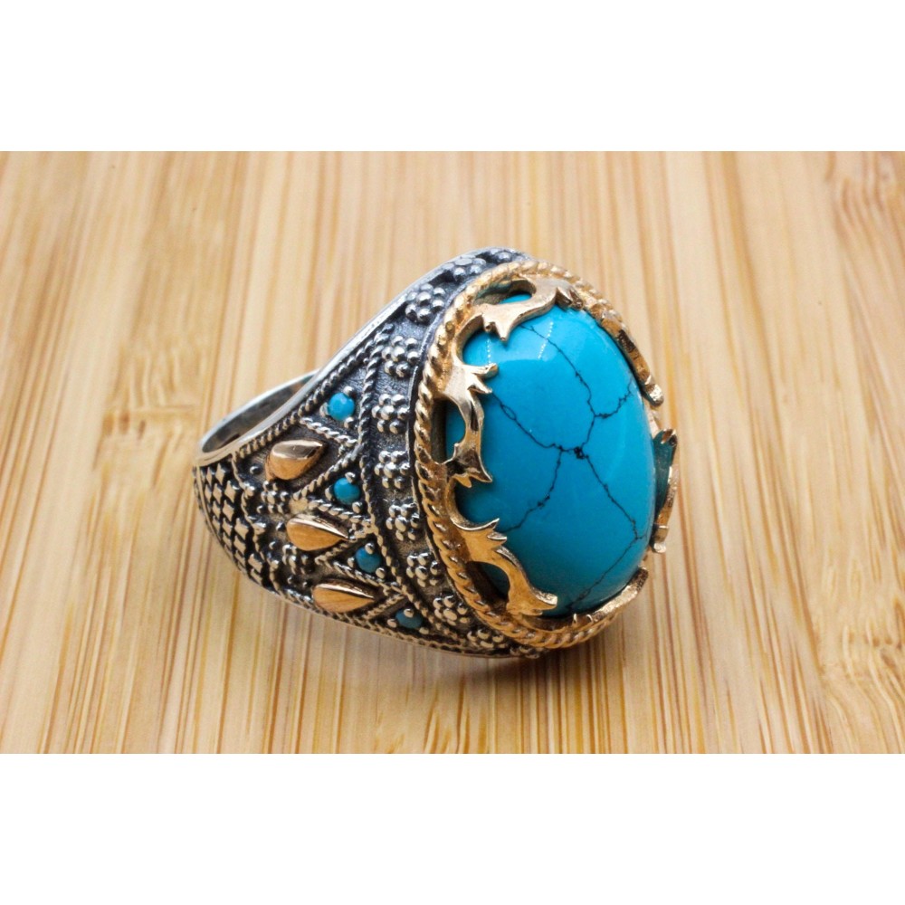Turquoise Men's Ring, Handmade Ring, Turkish Handmade Silver Men's Ring, Ottoman Ring, Yemeni Ring, Gift for Him, 925k Sterling Silver Ring,