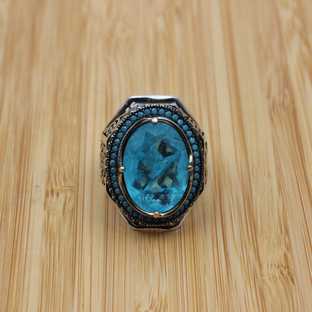 Mens Handmade Ring, Turkish Handmade Silver Men Ring, Ottoman Ring, Aquamarine Ring, Men's Jewelry, Gift for Him, 925k Sterling Silver Ring